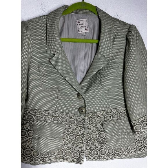 Nanette Lepore Bohemian Cotton Blend Lined Short Blazer Bize 12 Embroidered Trim - Picture 2 of 13